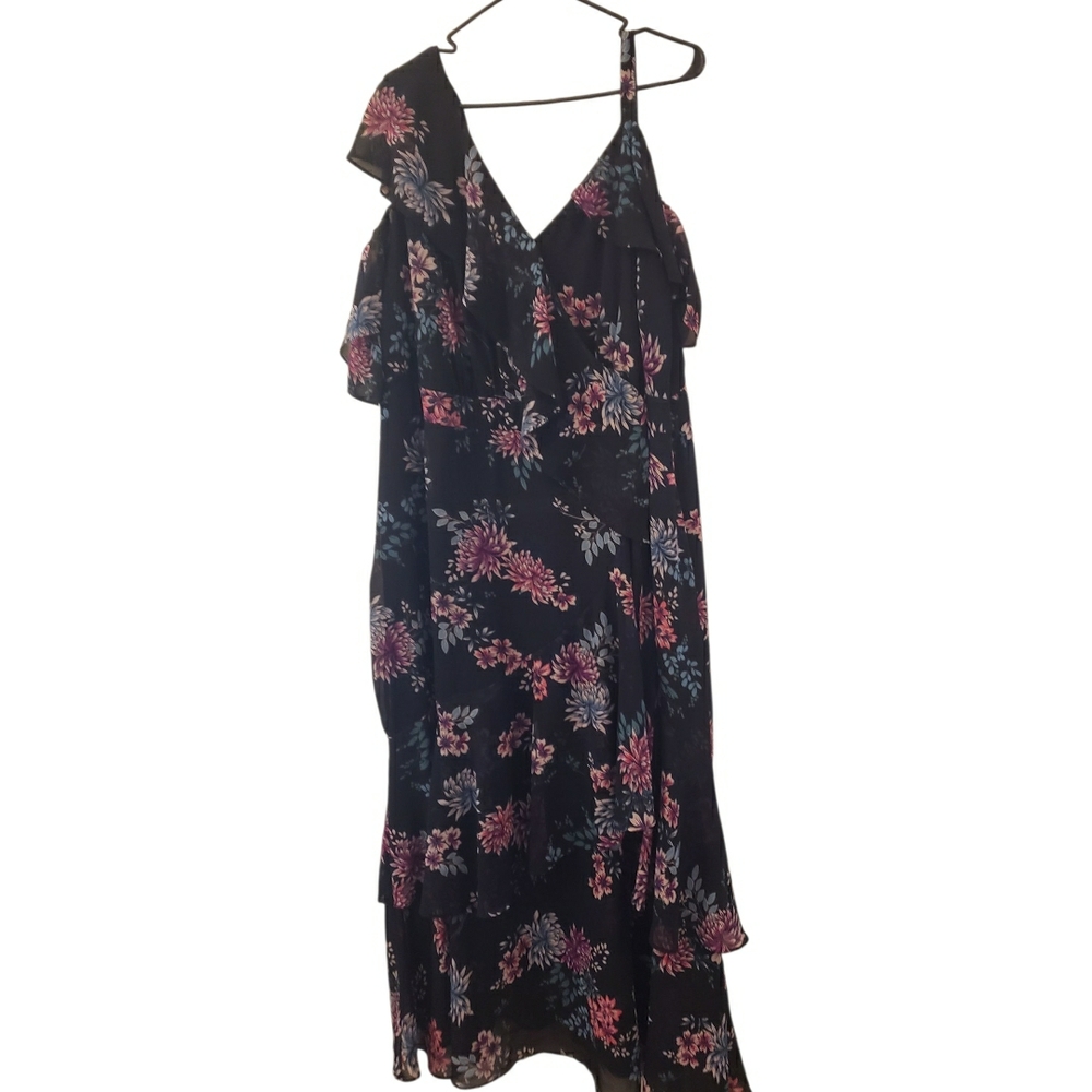 Lane Bryant Asymmetrical Black Dress with Floral Design